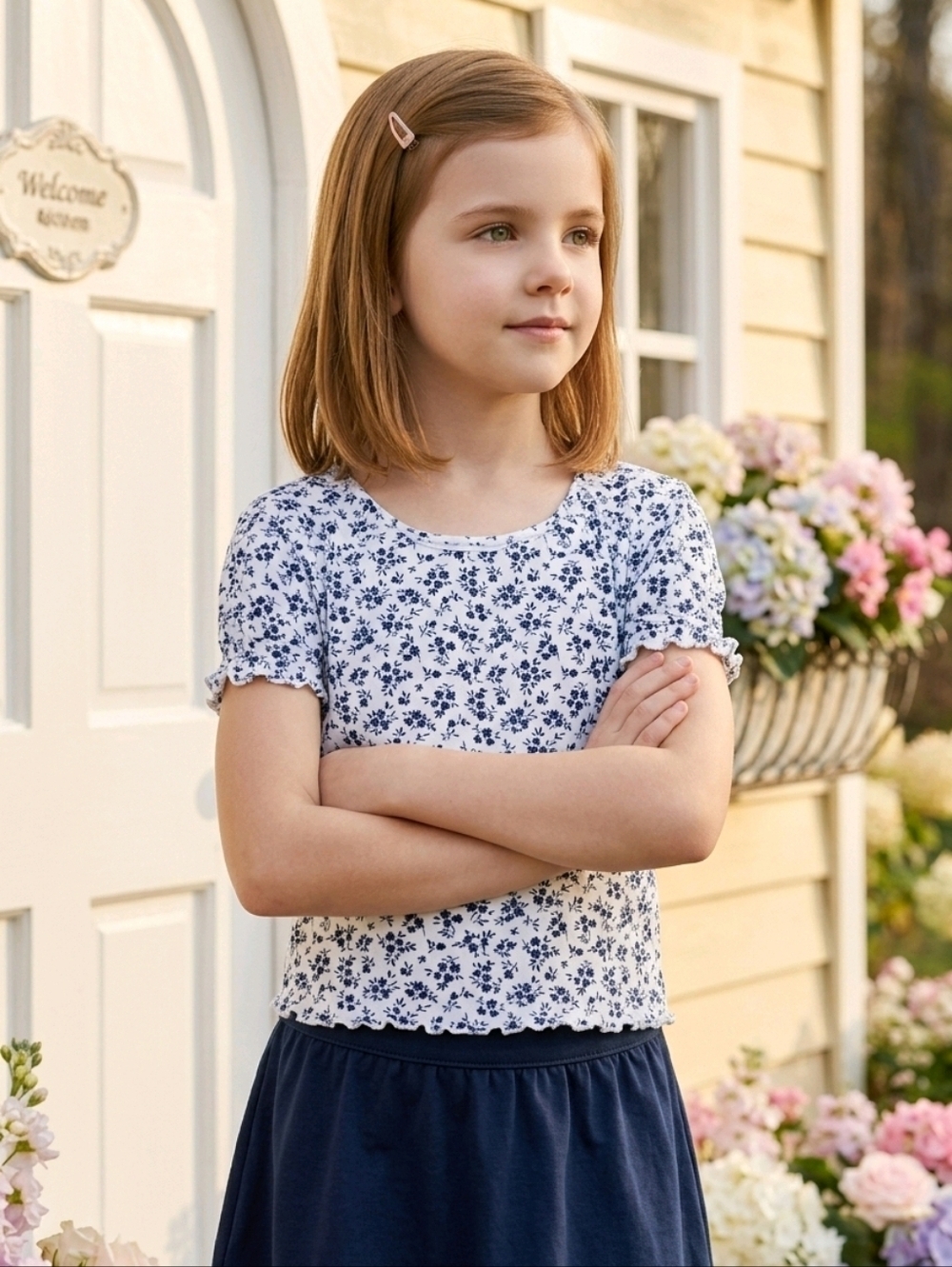 NWT thereabouts White with Navy Blue Floral Print Ruffle Hem And Sleeves Top